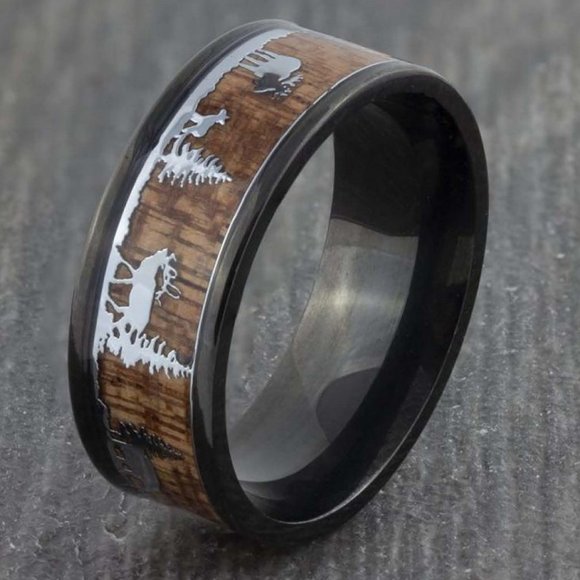 Oliver Black Tungsten Men's Ring; Wood Inlay; Moose Sillouette - Atlers-Trees - Picture 6 of 6